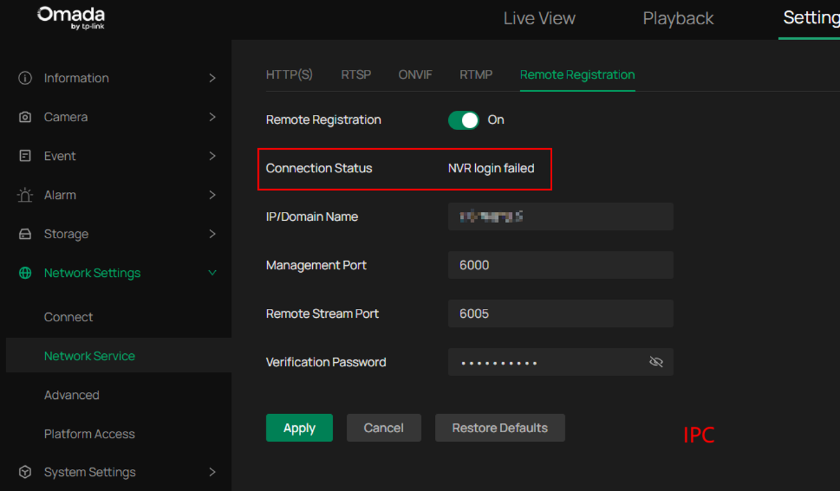 IPC Web page showing connection status as NVR login failed after password verification fails.