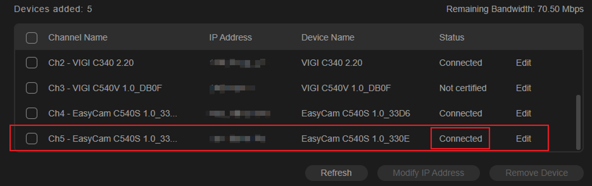 The IPC’s status change to ‘connected’ in Device added list.