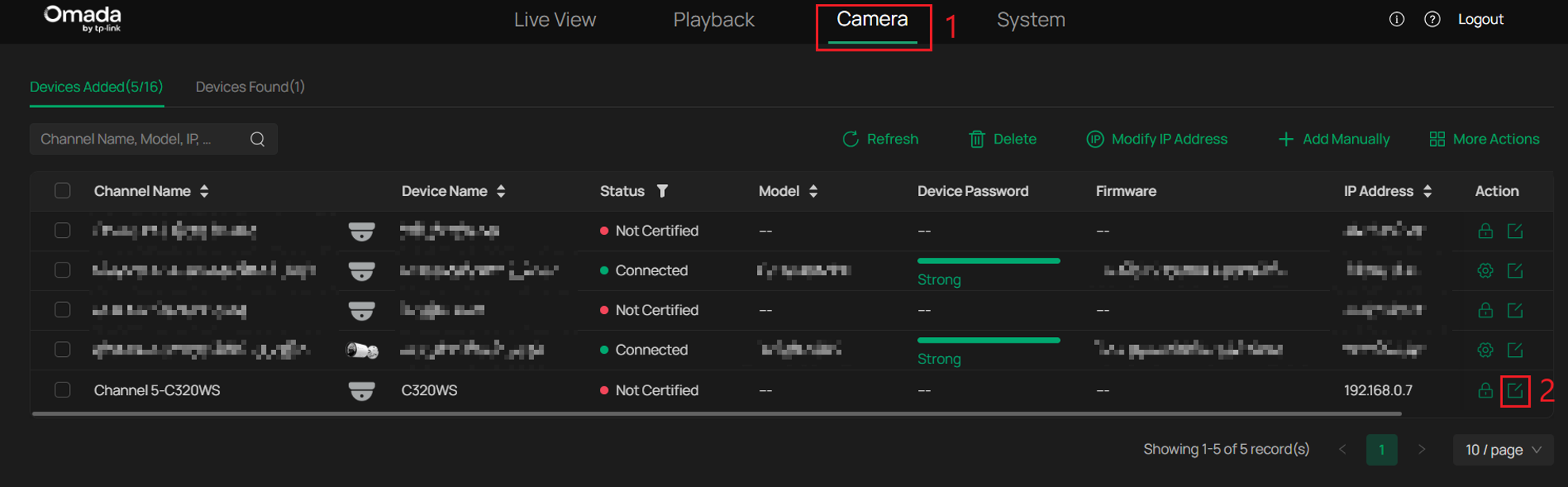Omada NVR Camera page with the Edit action highlighted for a discovered third-party camera.