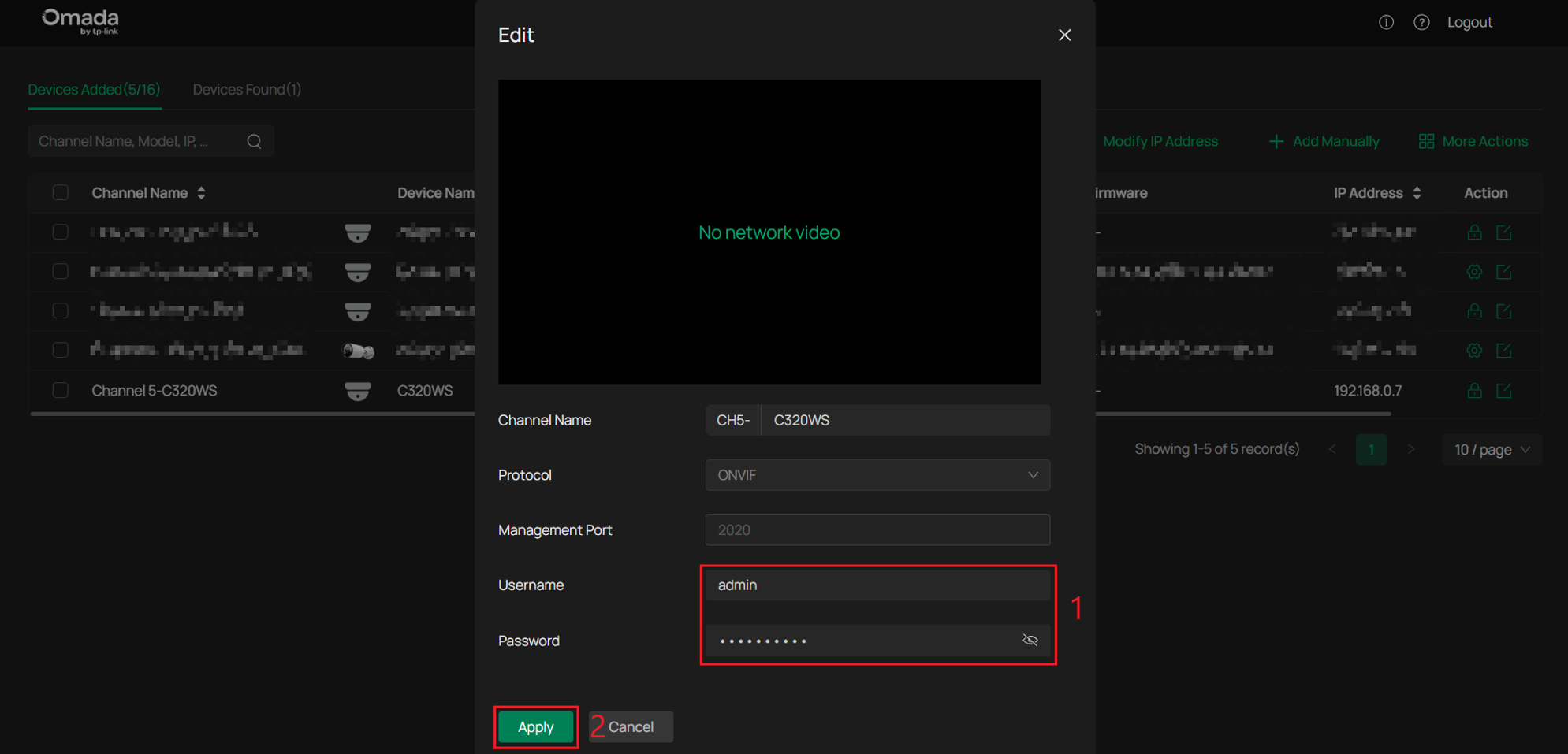 Omada NVR Edit window showing the camera Username and Password fields and Apply button.