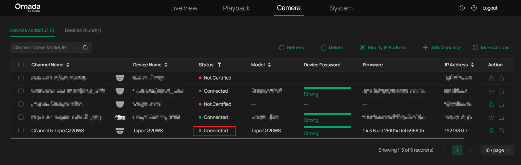 Omada NVR Camera page showing the third-party camera with a Connected status.
