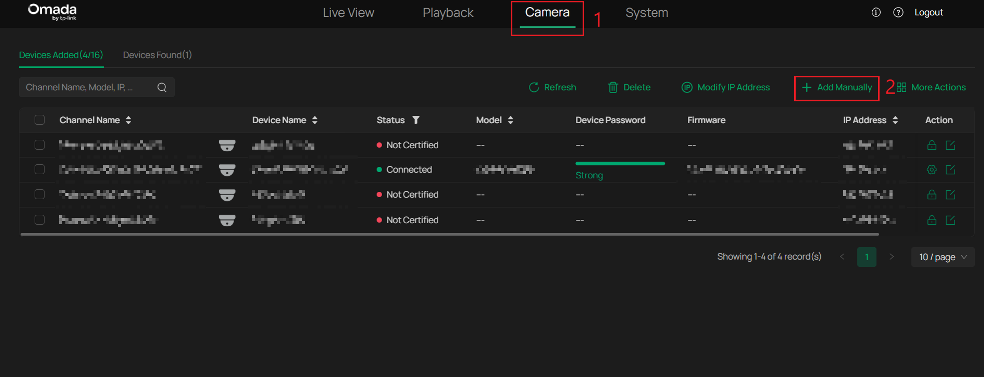 Omada NVR Camera page with the Add Manually button highlighted.