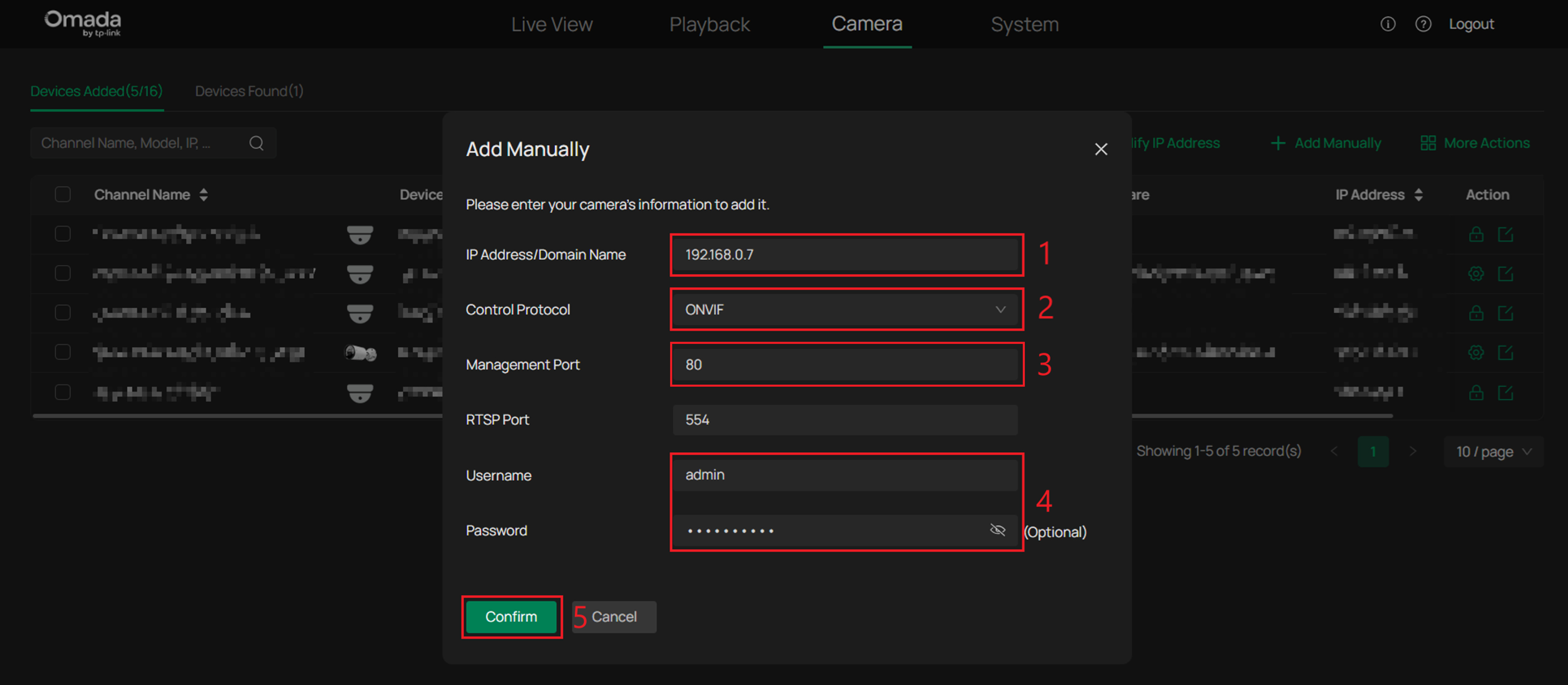 Omada NVR Add Manually window showing IP address, ONVIF protocol, and camera credentials.