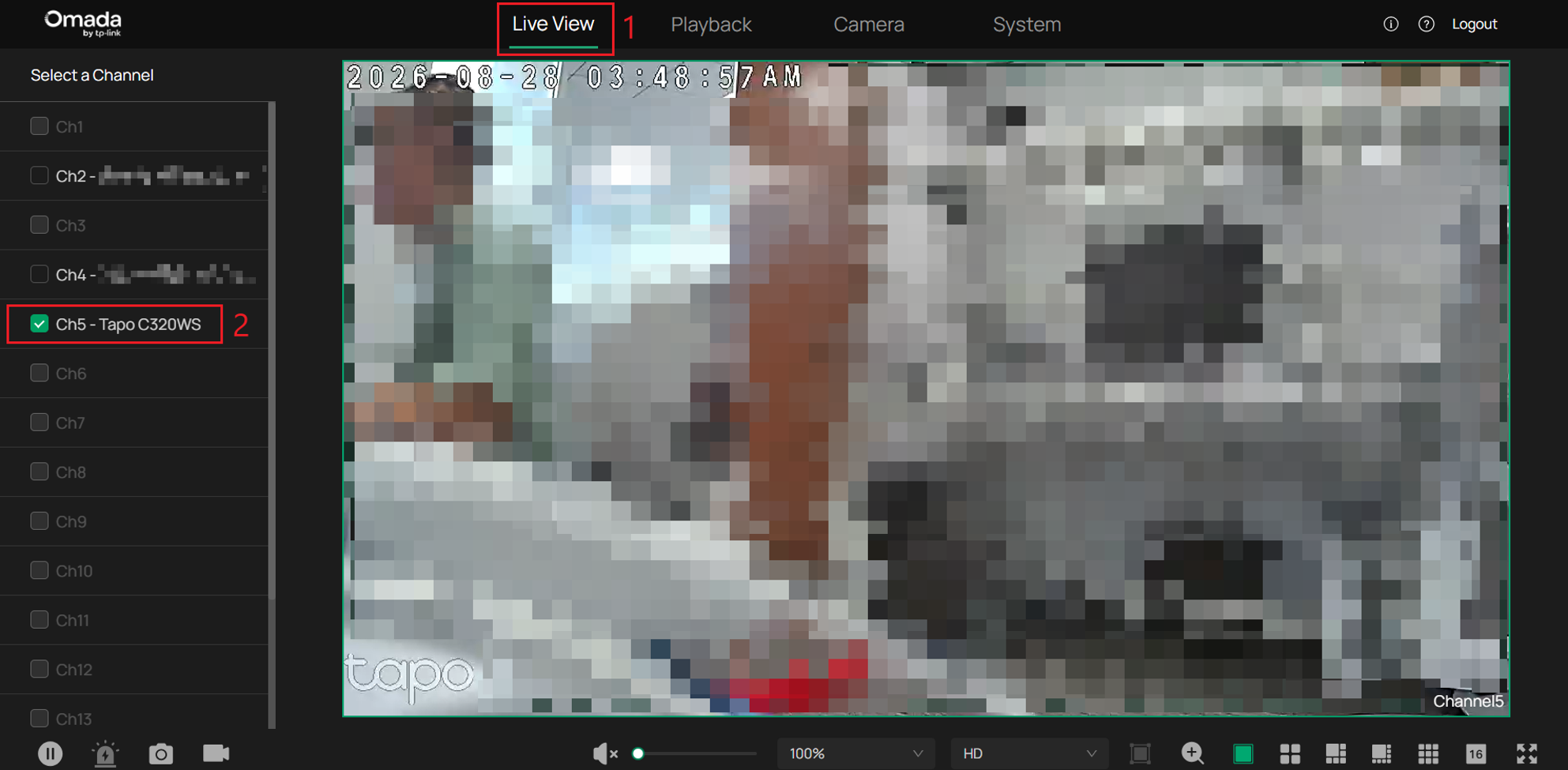 Omada NVR Live View showing the selected third-party camera channel with live video.
