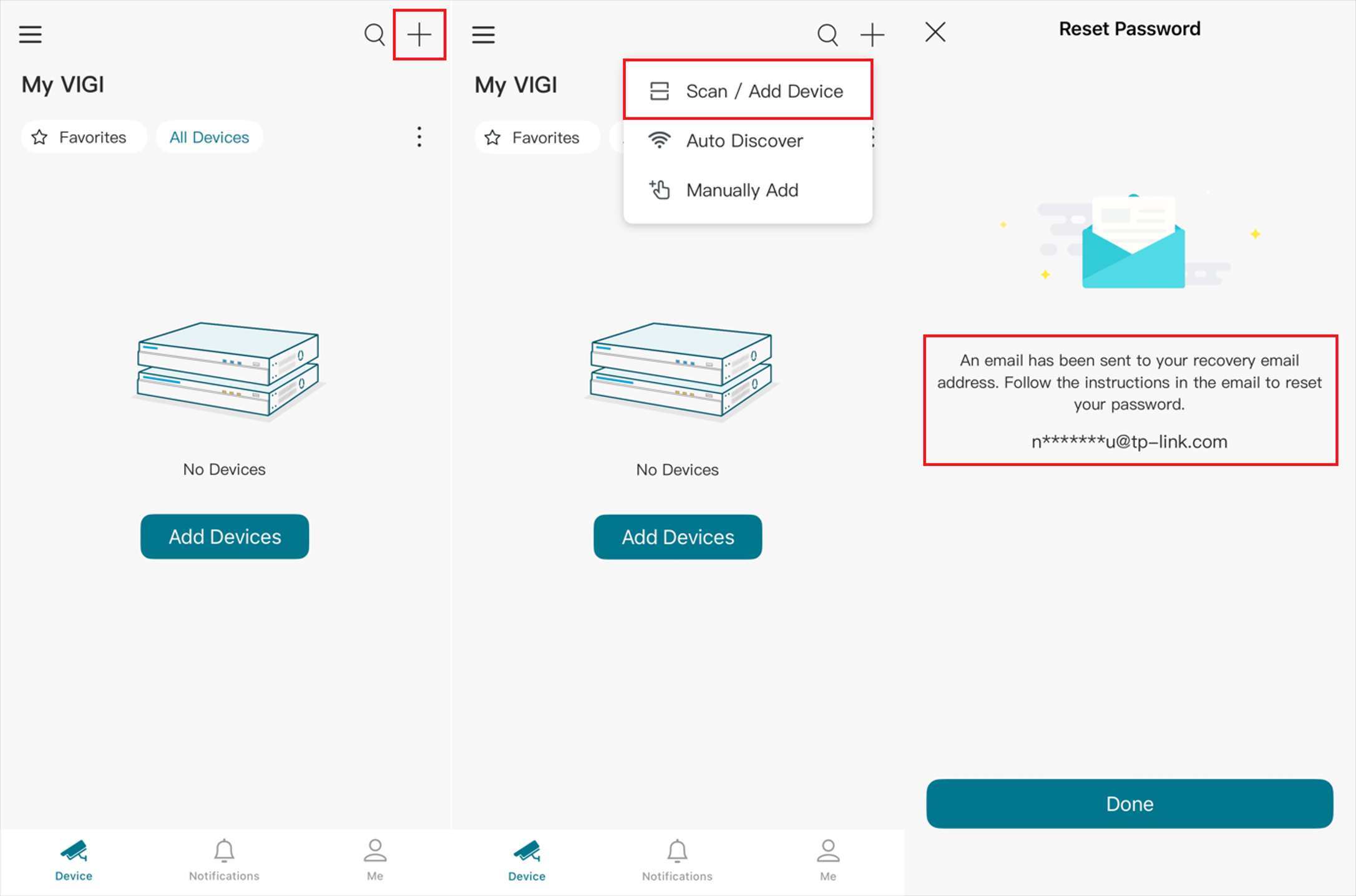 VIGI app screens showing how to access the QR code scanning feature