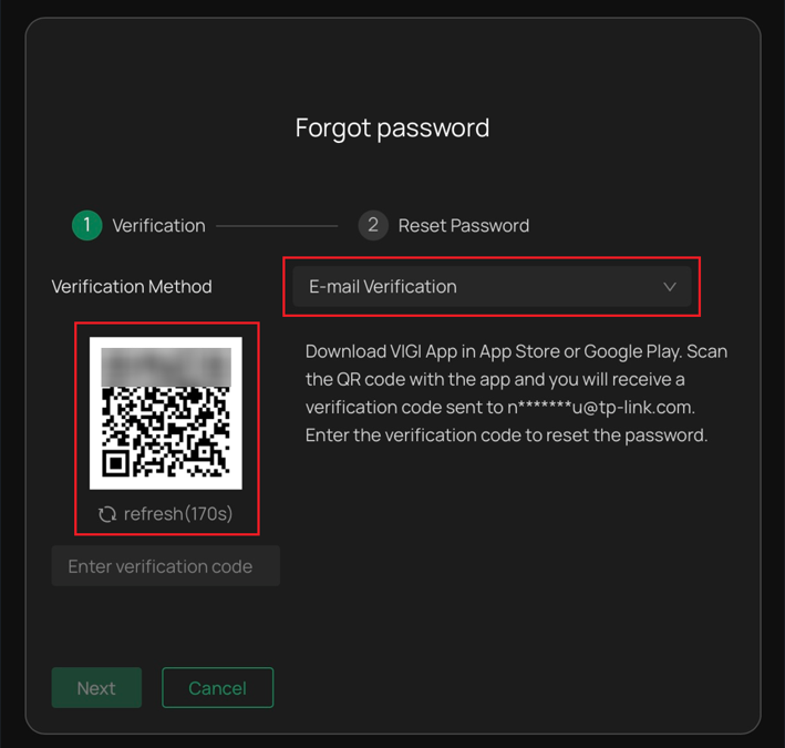 VIGI NVR Forgot password page showing a QR code