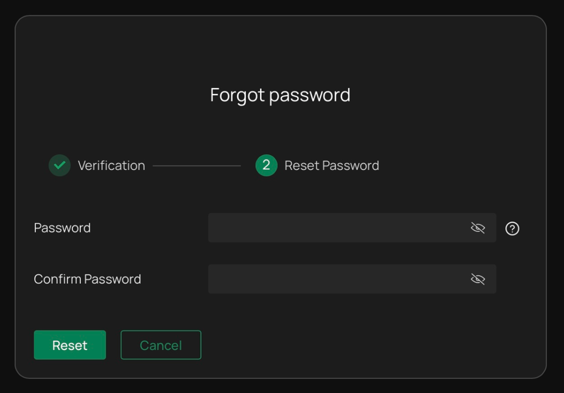 VIGI NVR Forgot Password page showing the Reset Password step, where a new password and confirmation password can be entered before clicking Reset