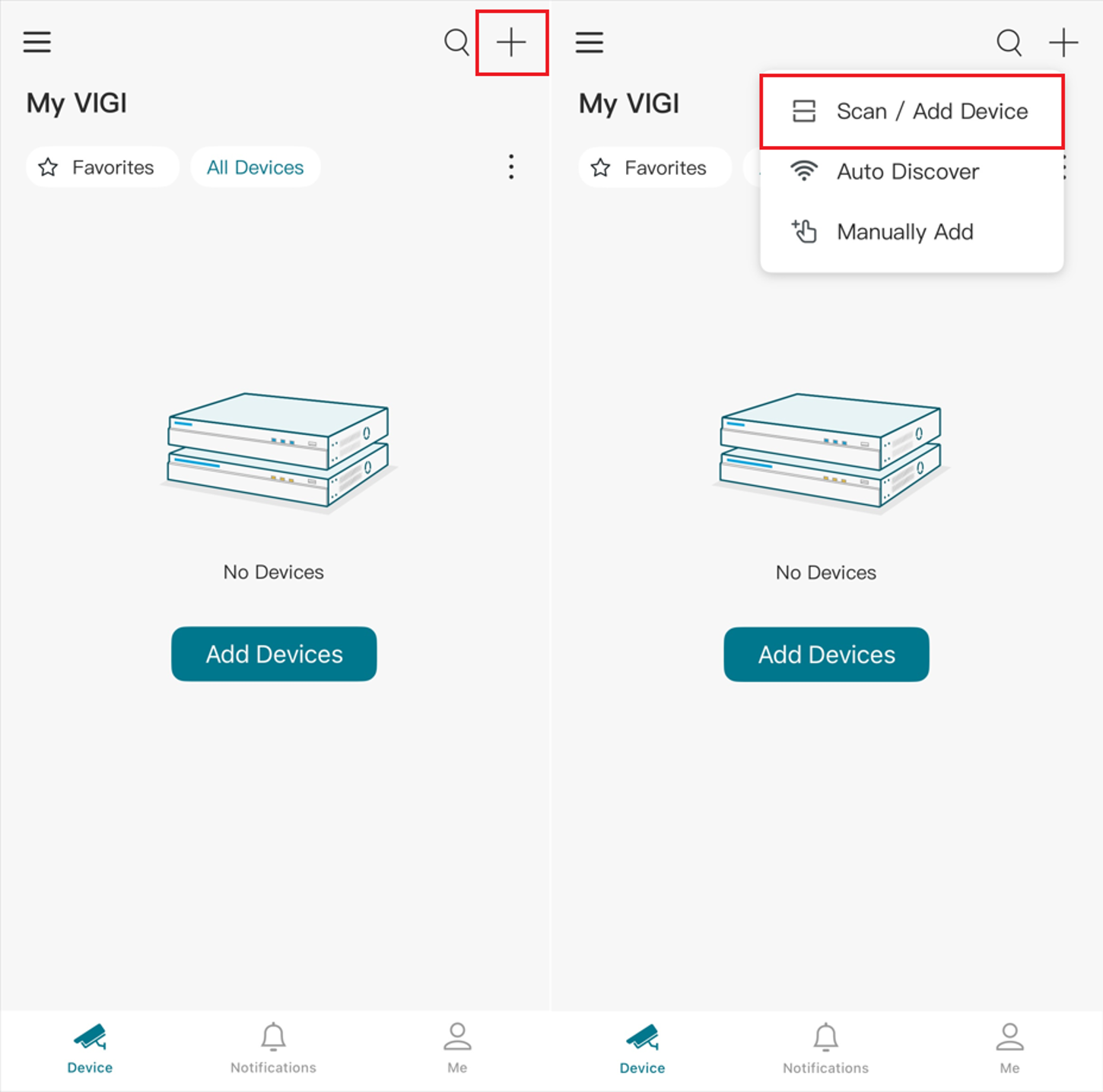 VIGI app screens showing how to access the QR code scanning feature