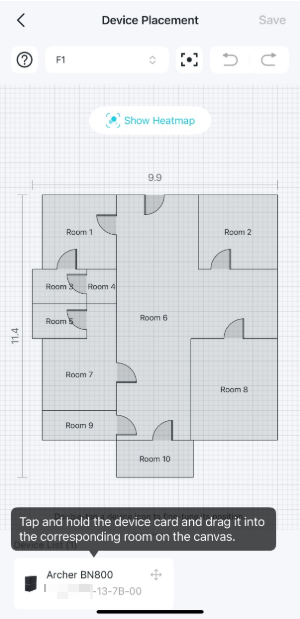 The Device Placement page displays a floor plan with a Device List below and a Show Heatmap in the upper middle area.