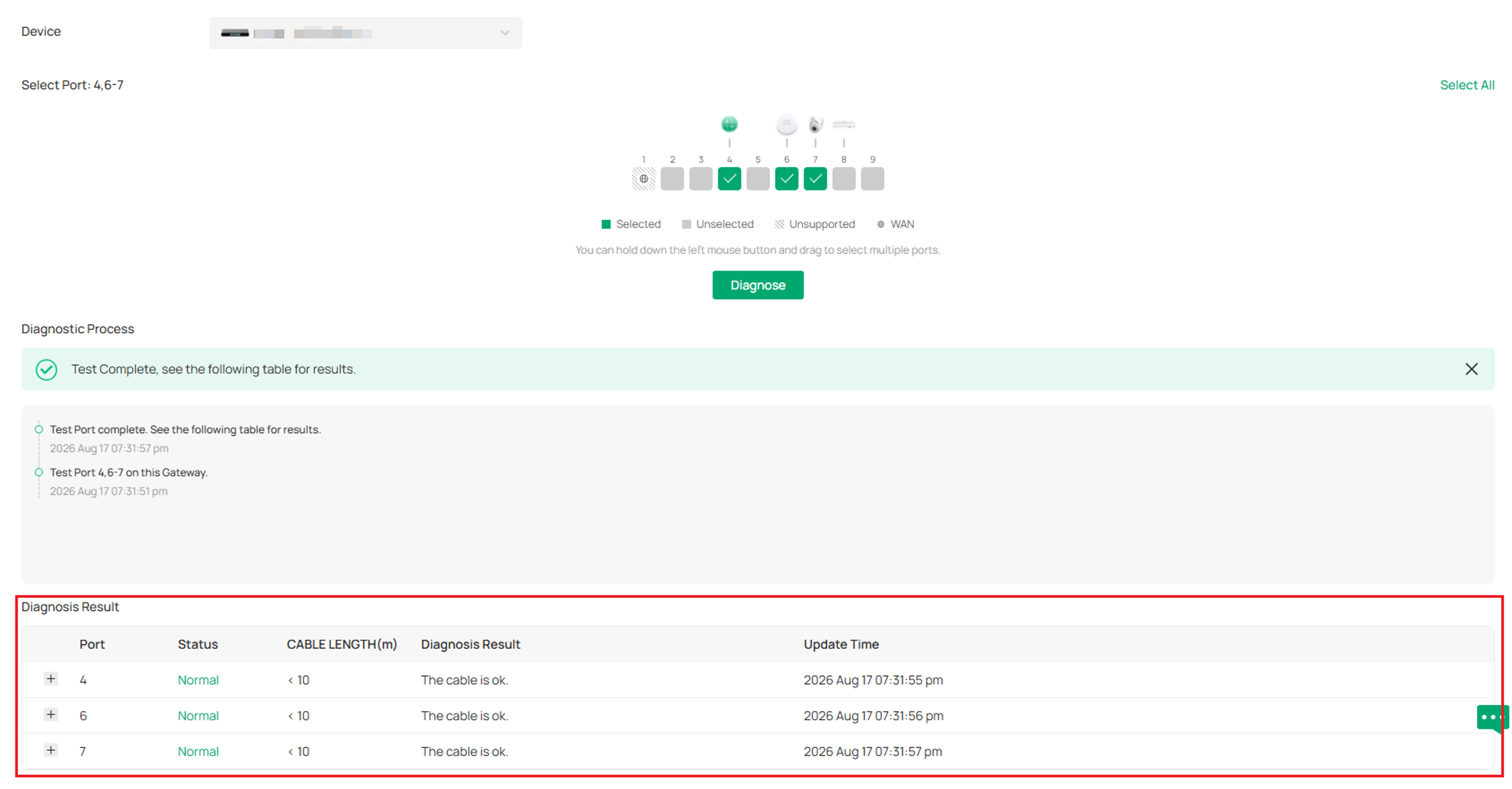 Diagnosis Result section showing tested ports and expandable diagnosis details.