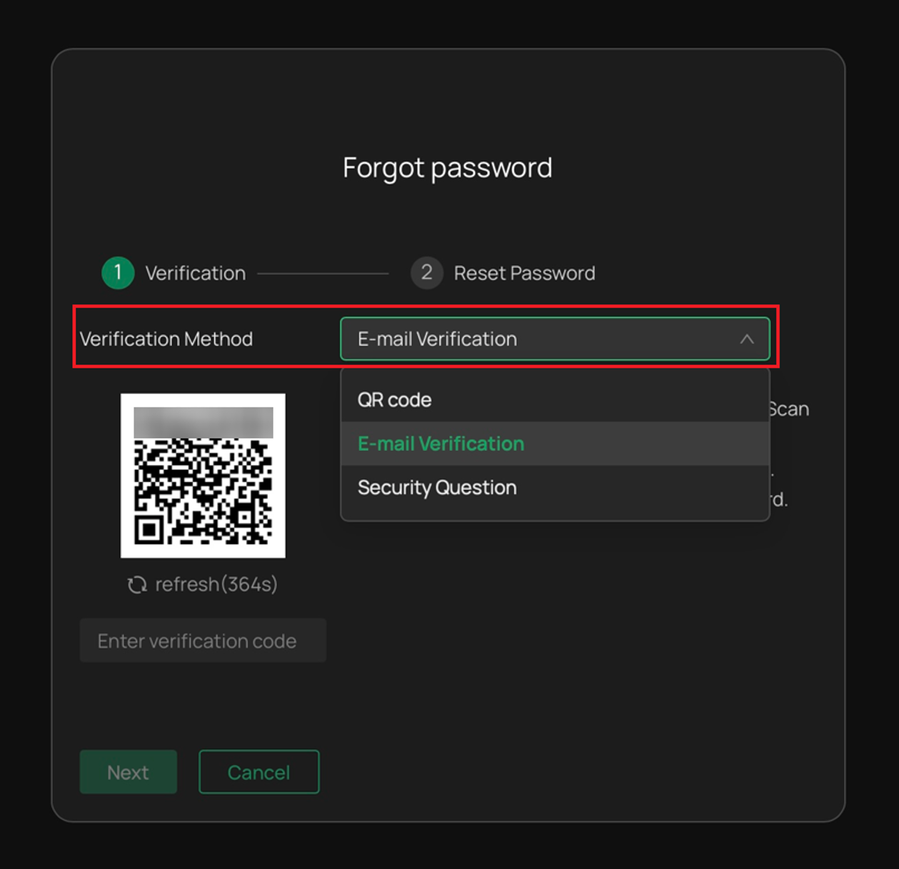 VIGI NVR Forgot password page showing the Verification Method option.