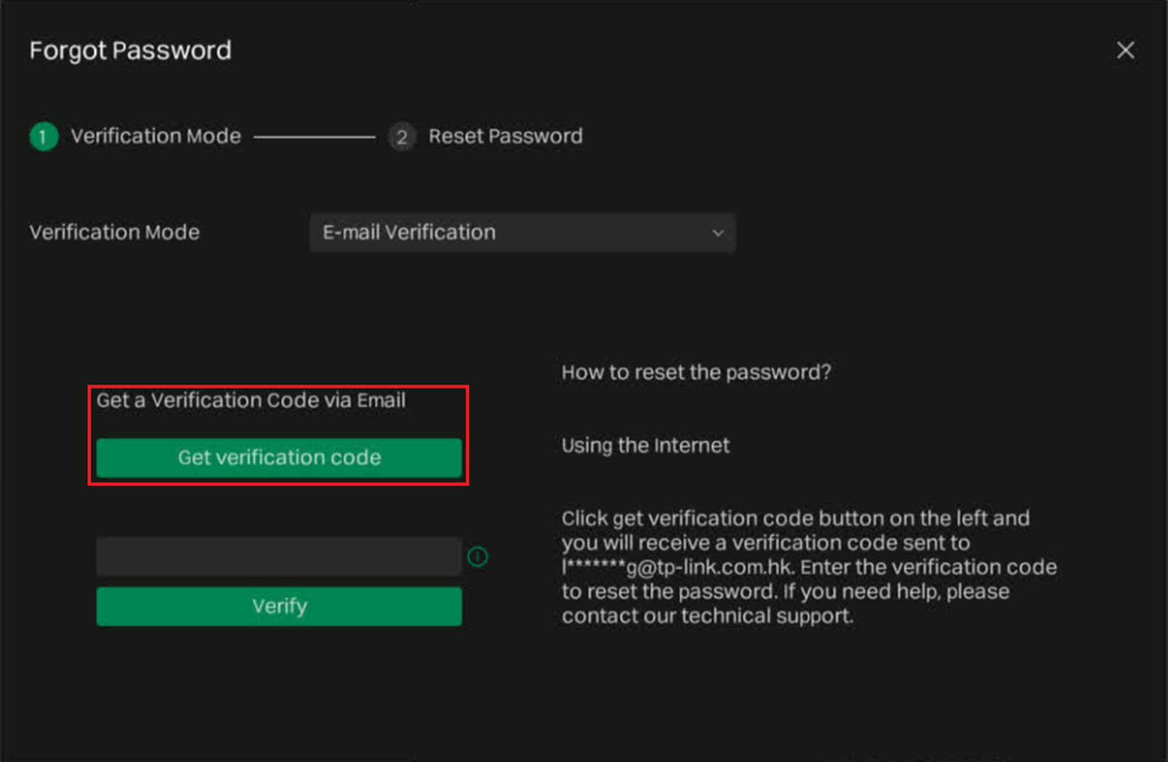 Forgot Password page using email verification, with the “Get verification code” button highlighted.