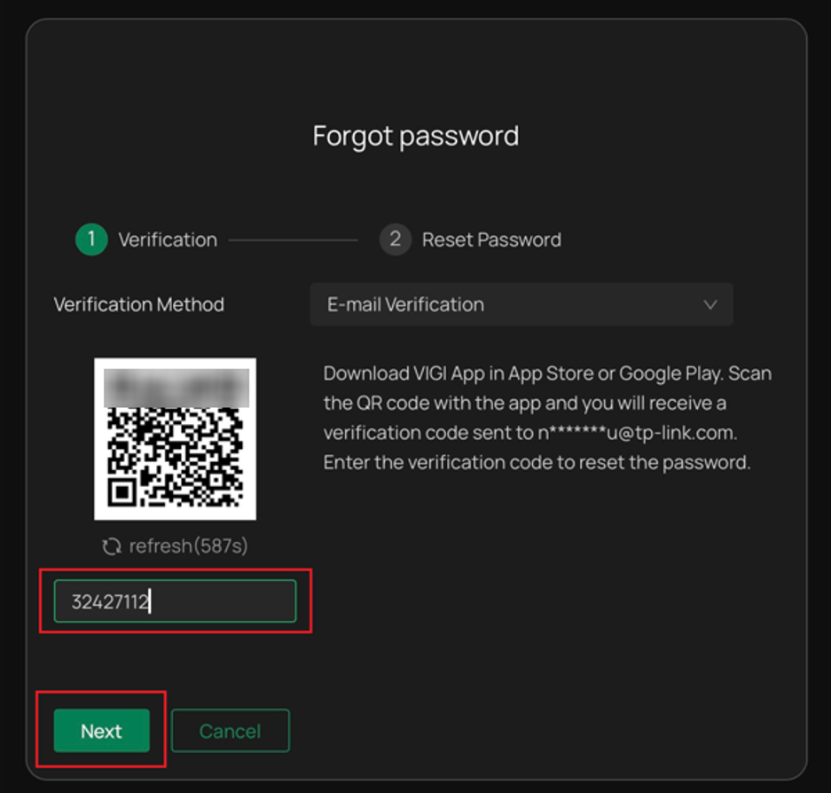 VIGI NVR password recovery page showing verification code entry field, and the Next button.