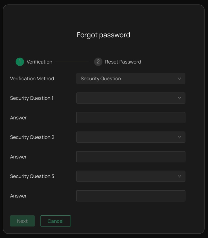 Forgot password verification page requiring answers to three security questions before resetting the password.