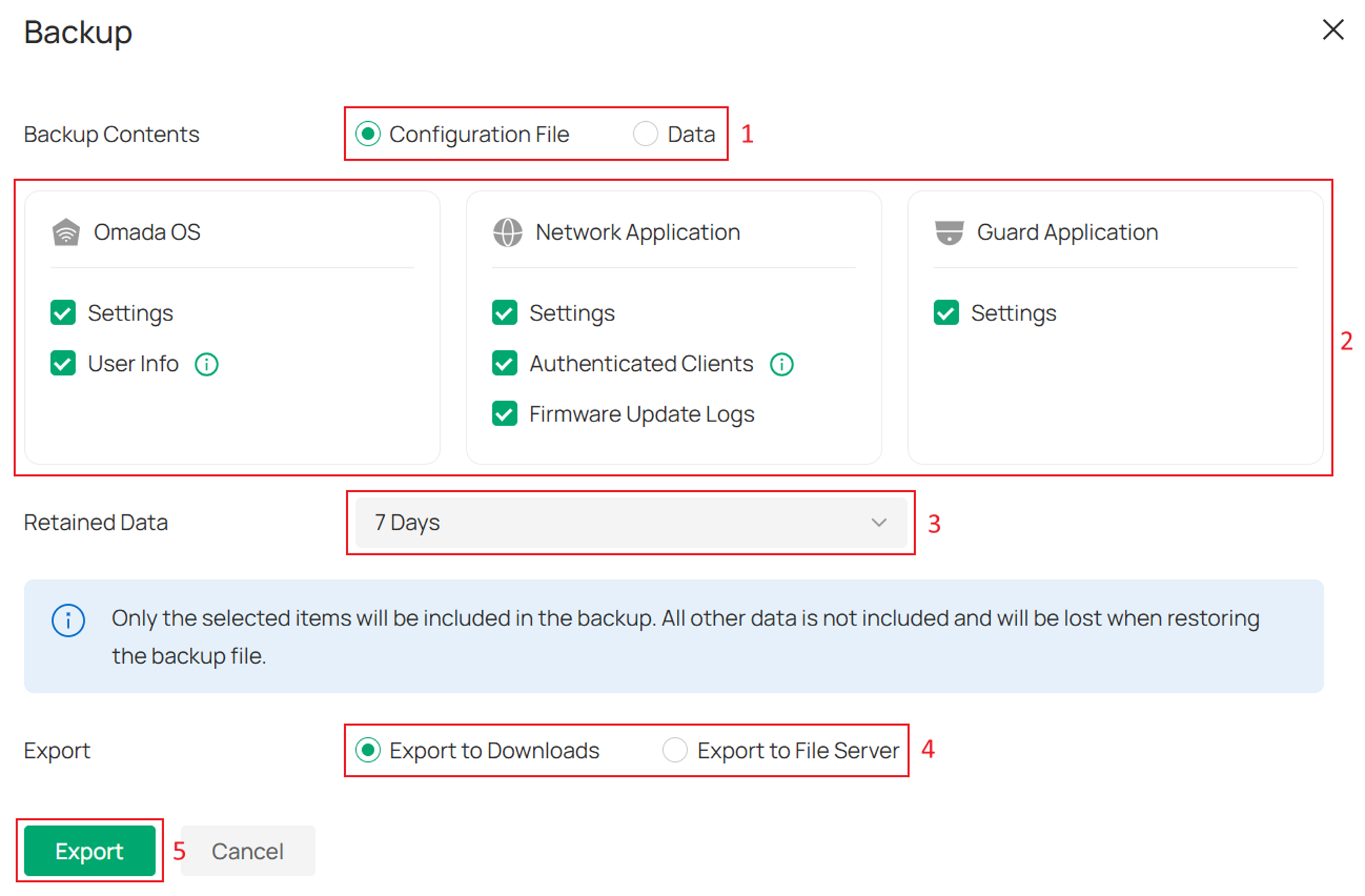 Backup window showing backup content selection, application configuration file options, retention period settings, export destination options, and Export button.