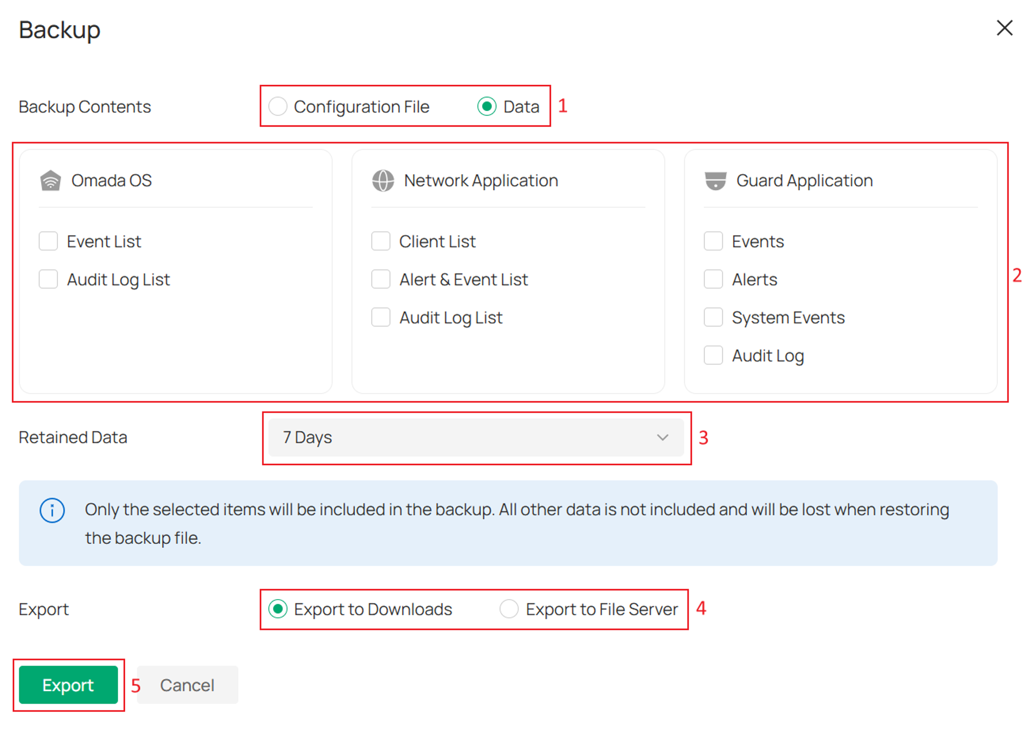 Backup window showing backup content selection, application data options, retention period settings, export destination options, and Export button.