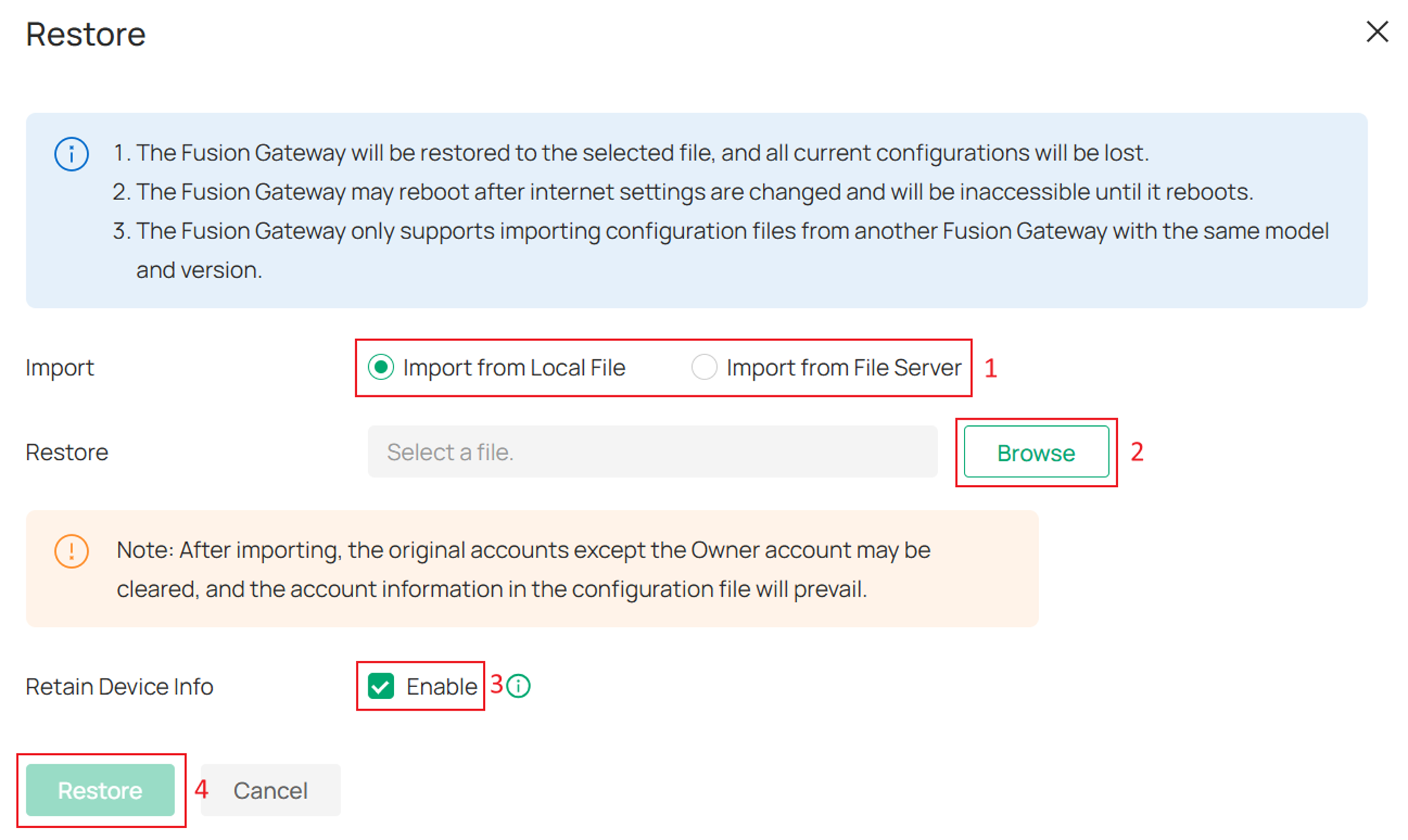 Process of importing file from local or file server and option to retain device info before restoring.