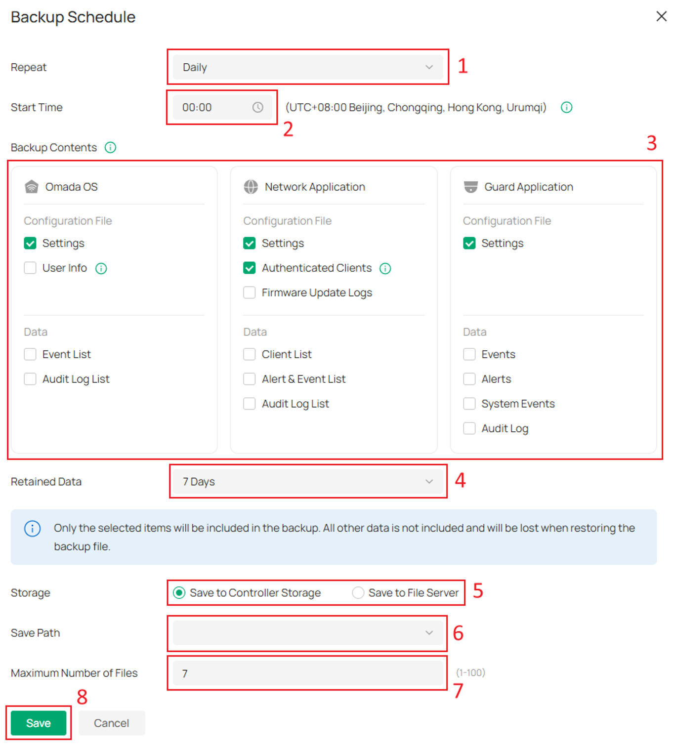 Backup Schedule window showing backup frequency, start time, backup content selection for OS, Network, and Guard applications, data retention period, storage location, and backup file retention settings.