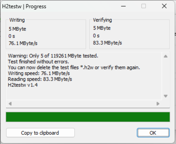 Storage verification report showing actual and reported card capacity
