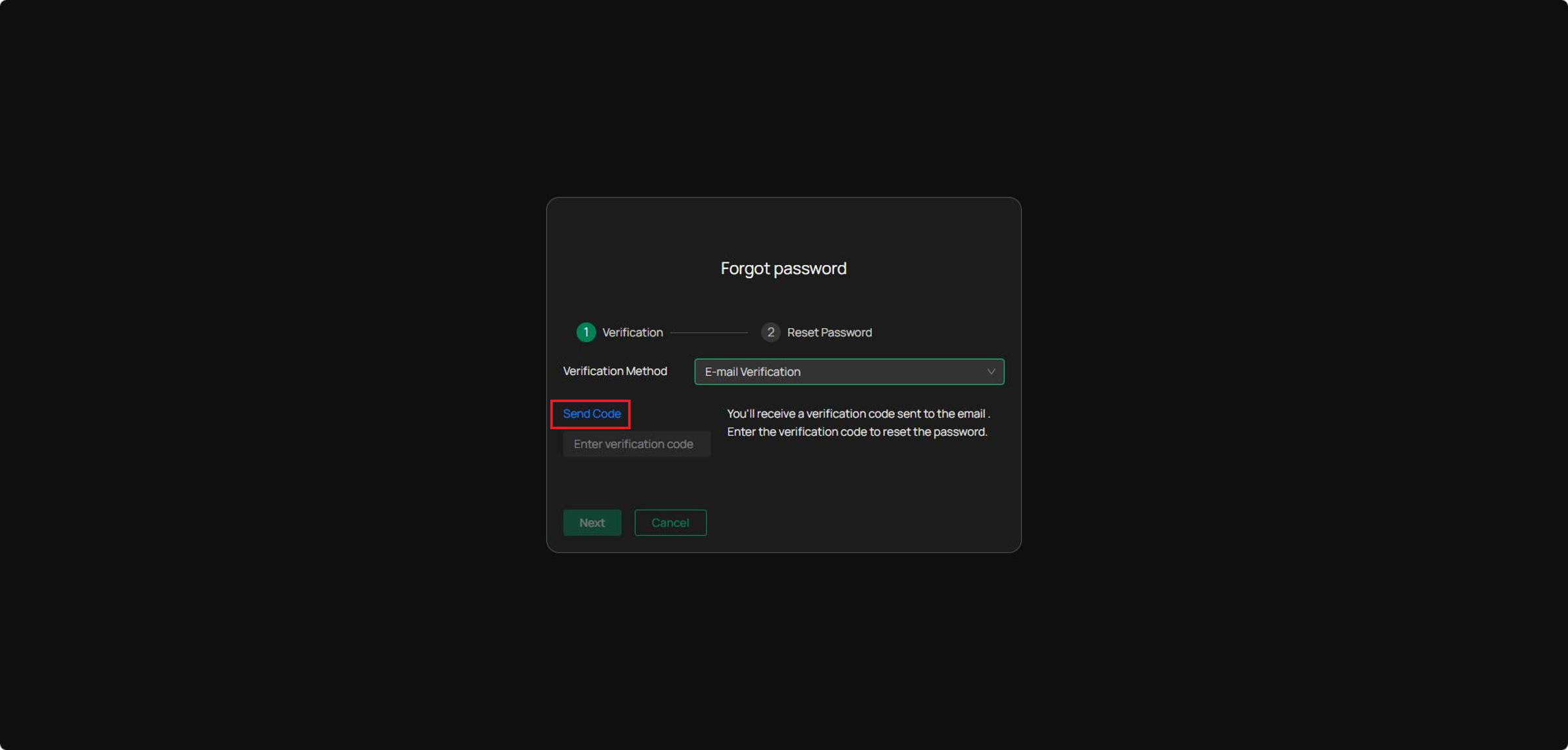 Forgot password verification page with Email method selected showing a Send Code button.