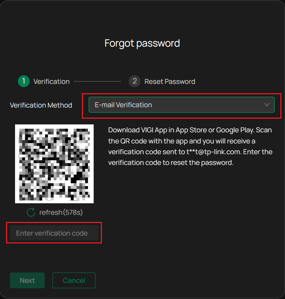 Forgot password verification page with Email method selected showing a QR code. Scan this QR code with VIGI App to receive a verification Email.