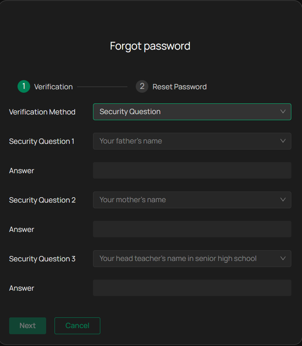 Forgot Password page with Security Questions verification selected, displaying three security questions that must be answered before the password can be reset.