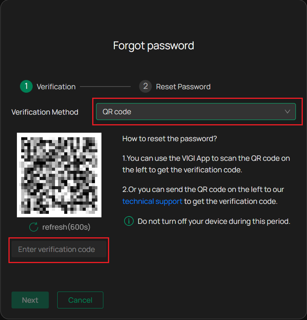 Forgot password verification page with QR Code method selected showing recovery QR code and note.