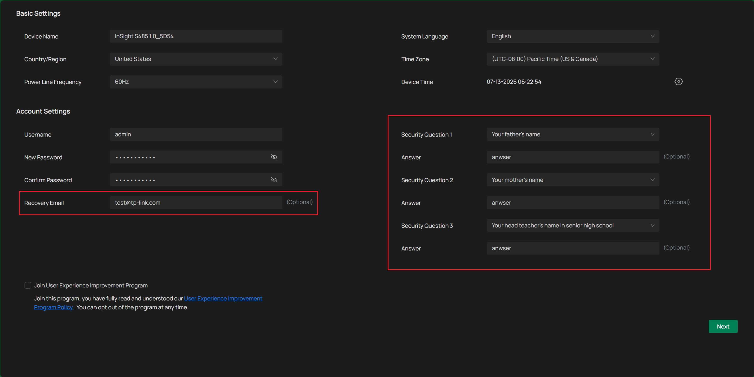 Camera Initialization page showing password reset configurations, including Recovery Email and Security Questions.