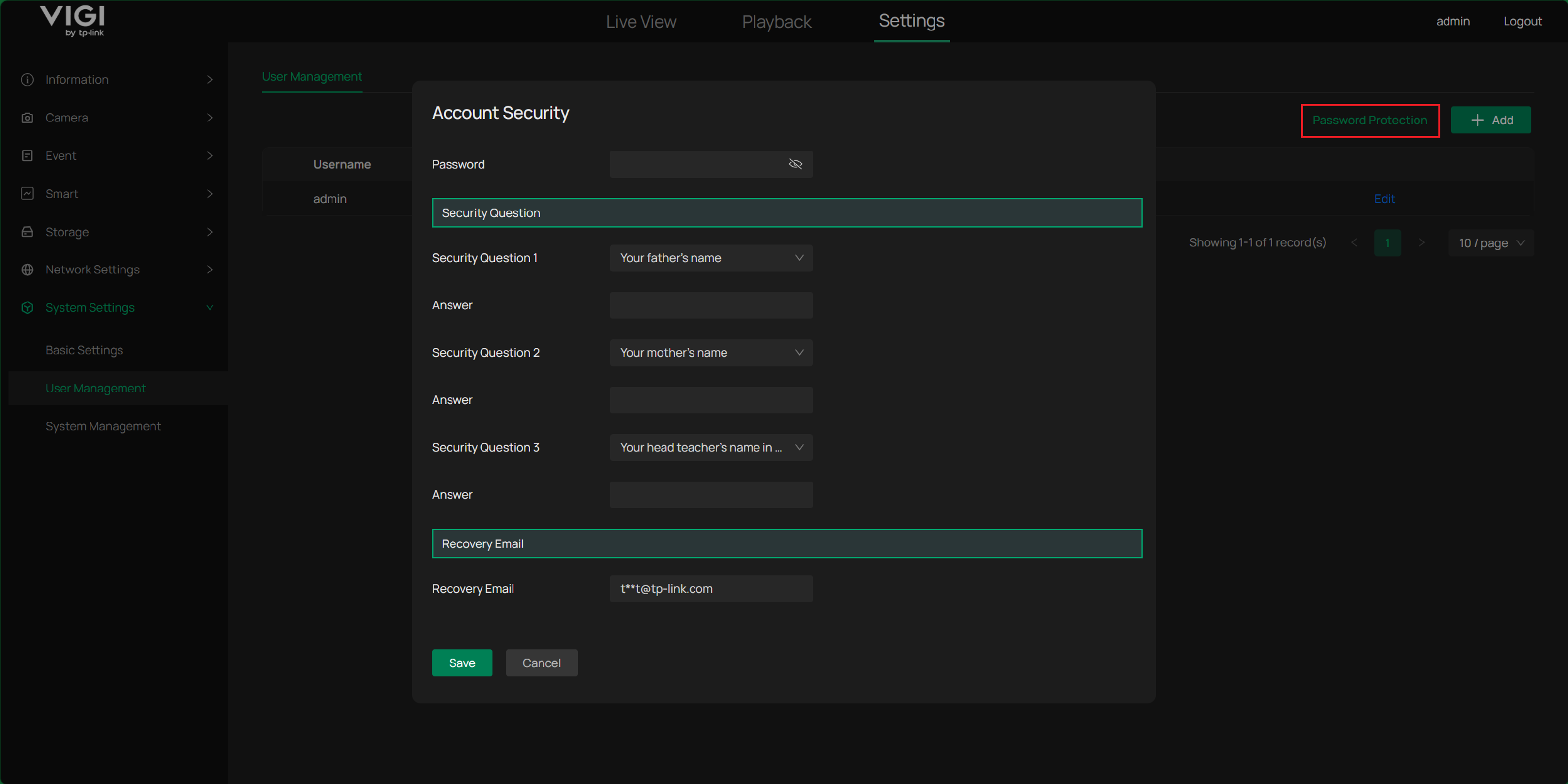 Showing Account security page, including Recovery Email and Security Questions.