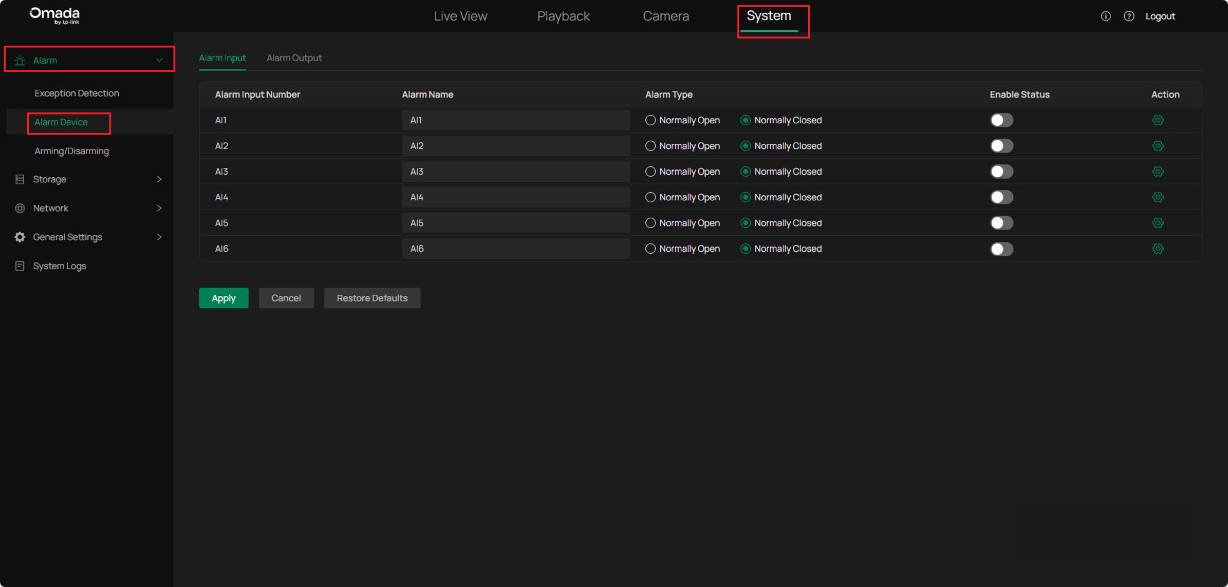Alarm Device page displaying Alarm Input configuration.