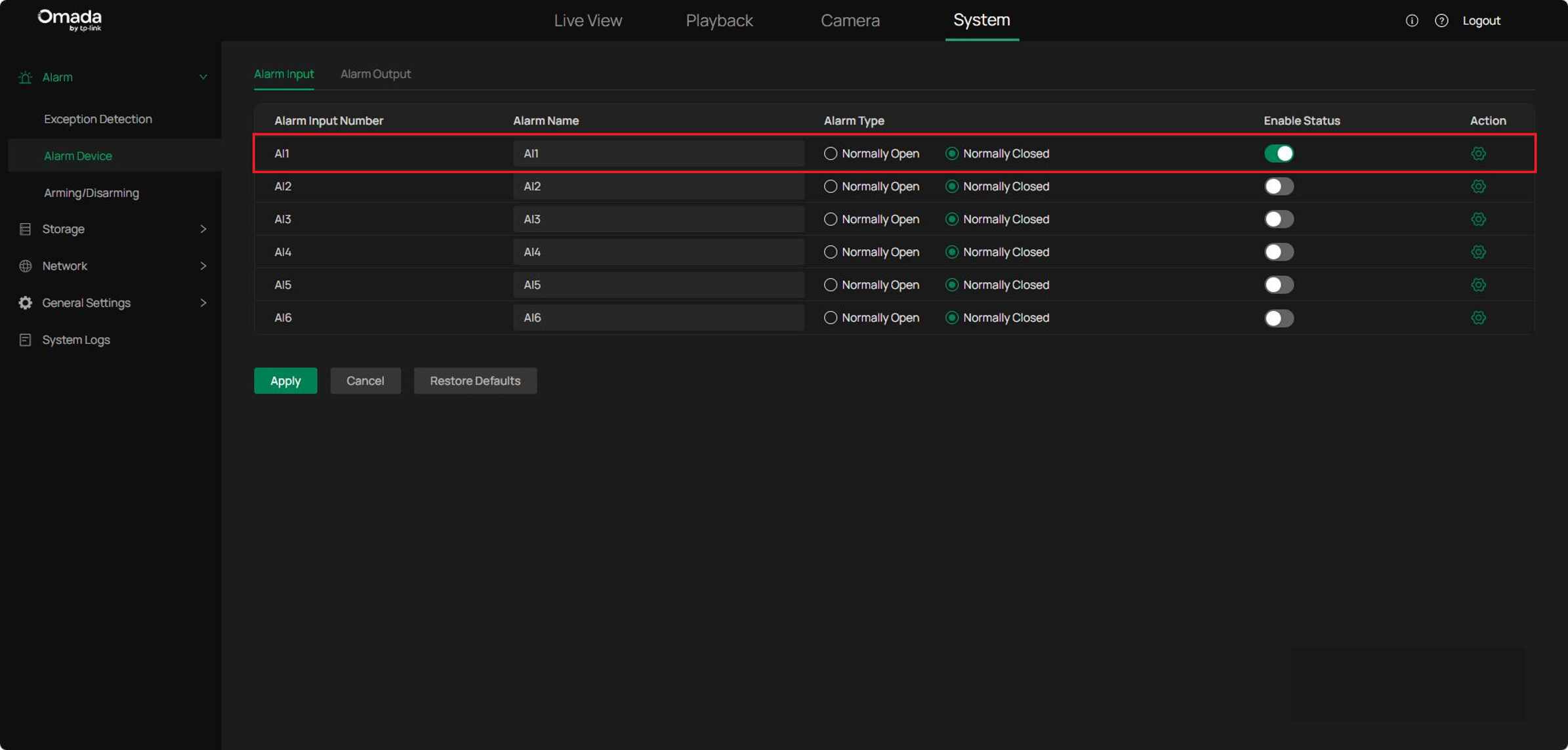 Enable AI1’s alarm input in the Alarm Input page.