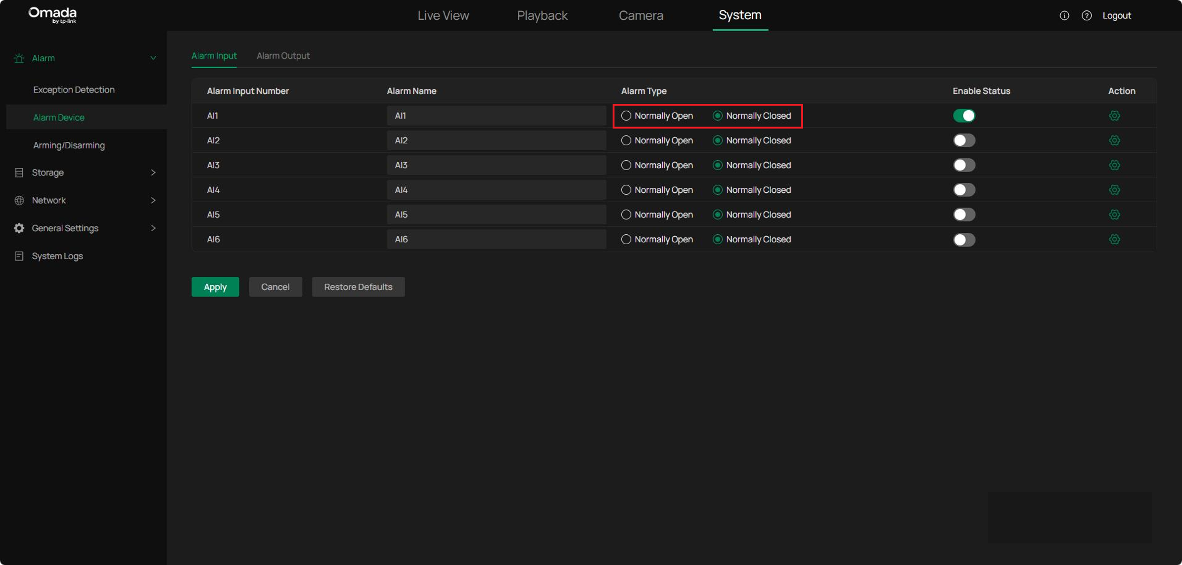 Alarm Input Configuration page showing two Alarm Type.