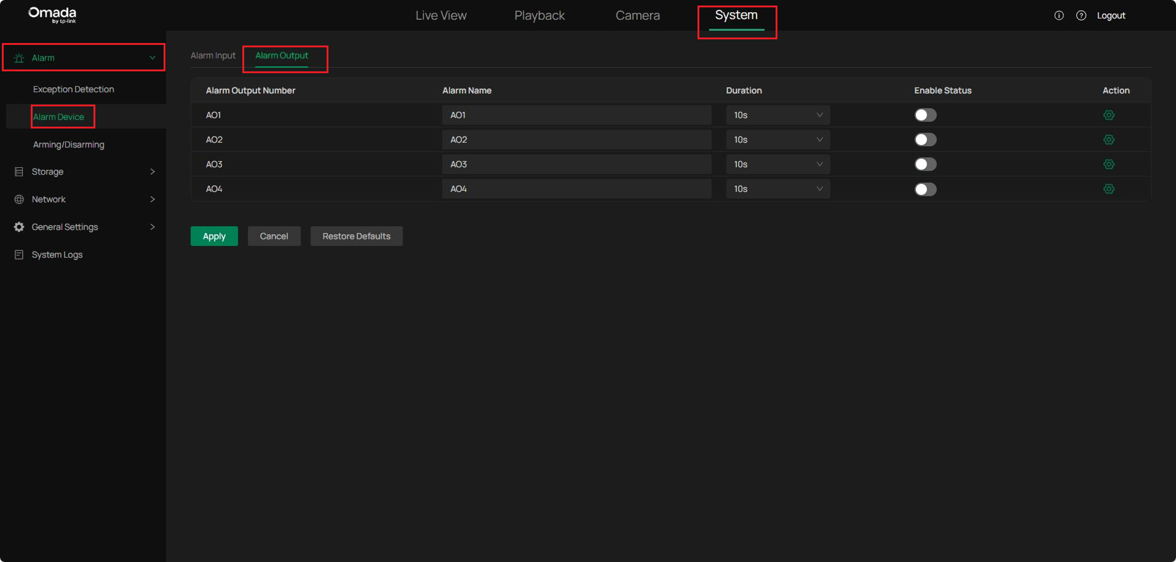 Alarm output configuration page.