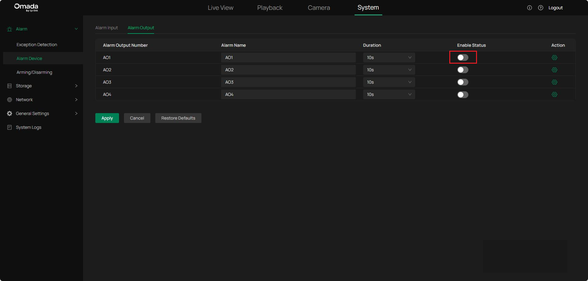 Enable AO1’s alarm output.