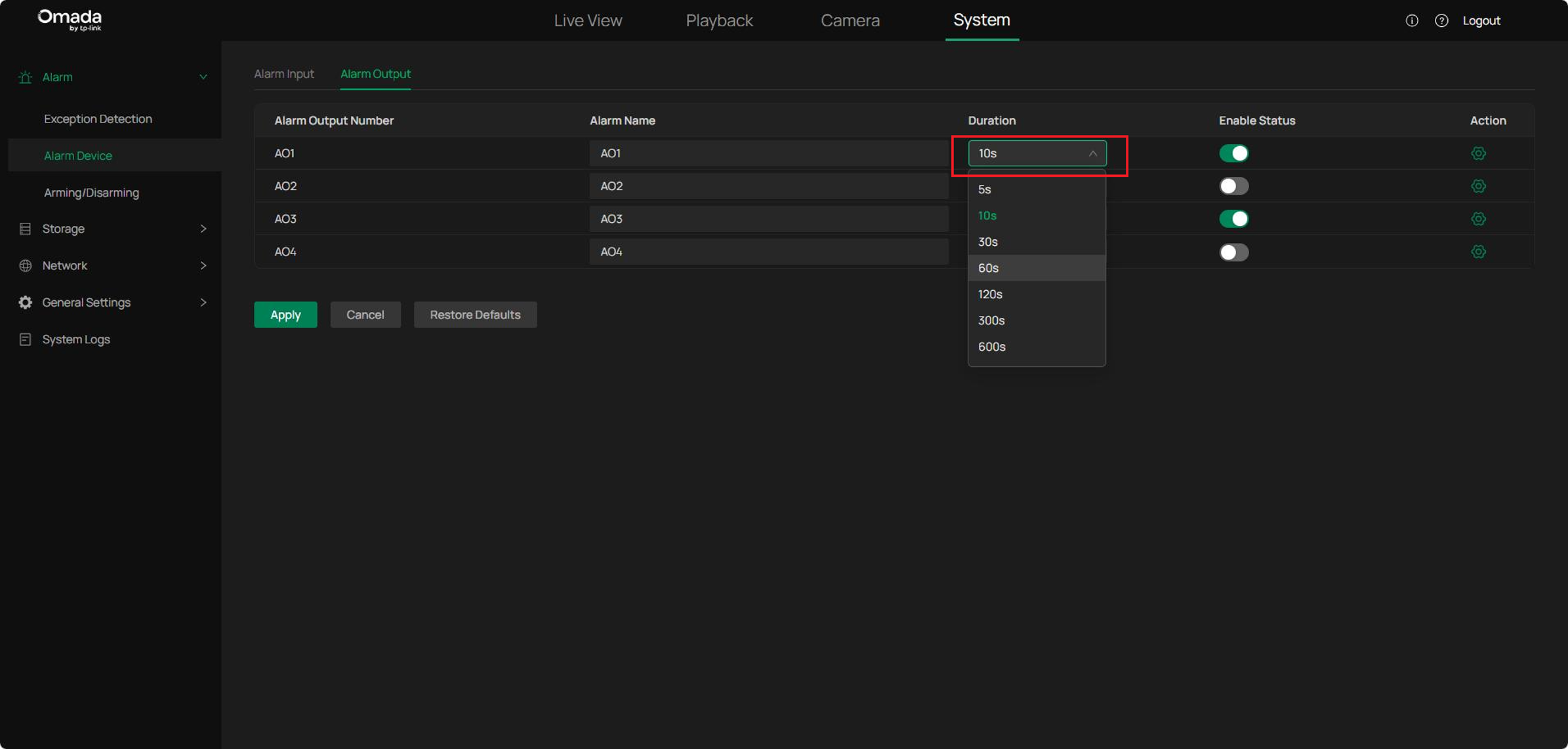 Select duration for alarm output.