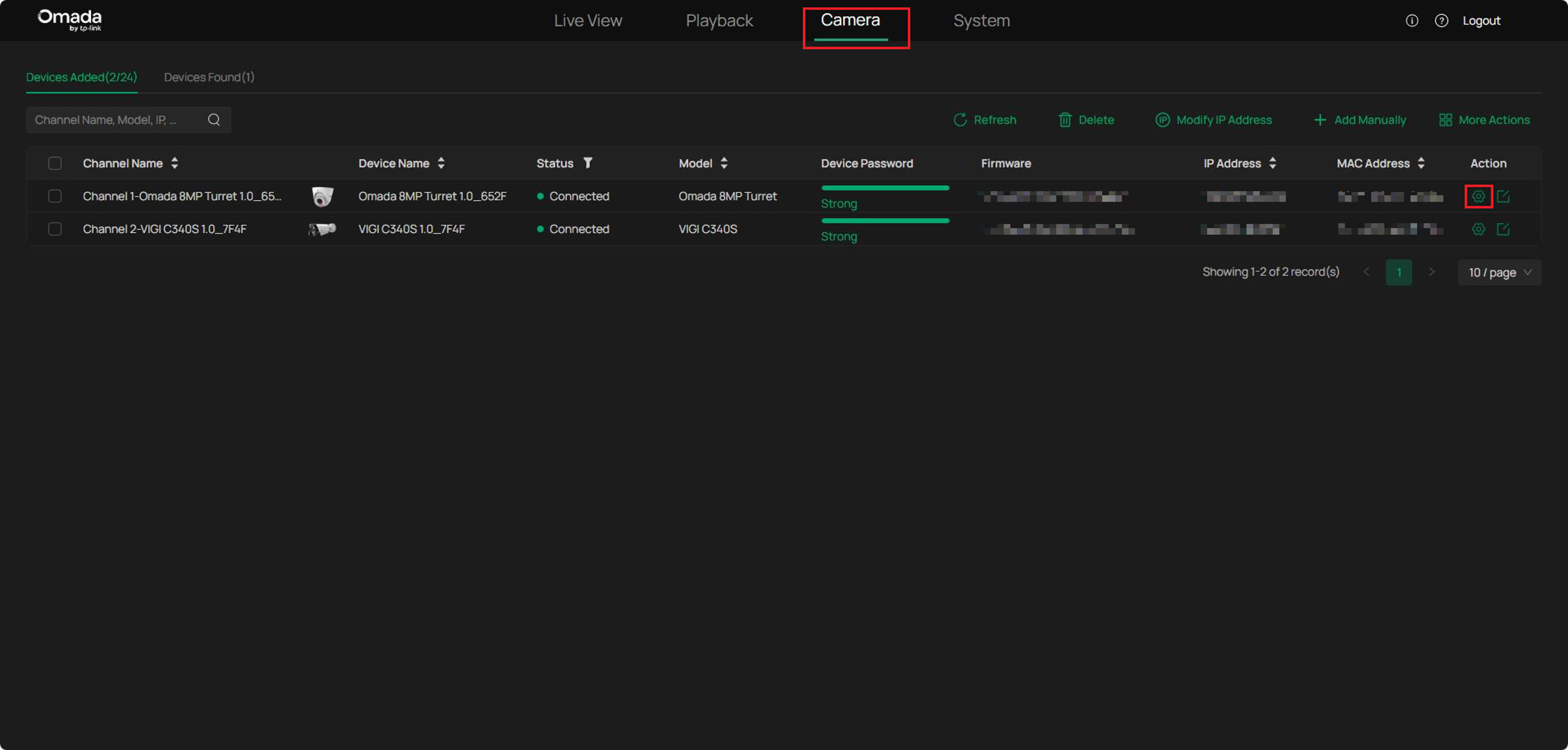 Enter the Action page through Camera main menu.