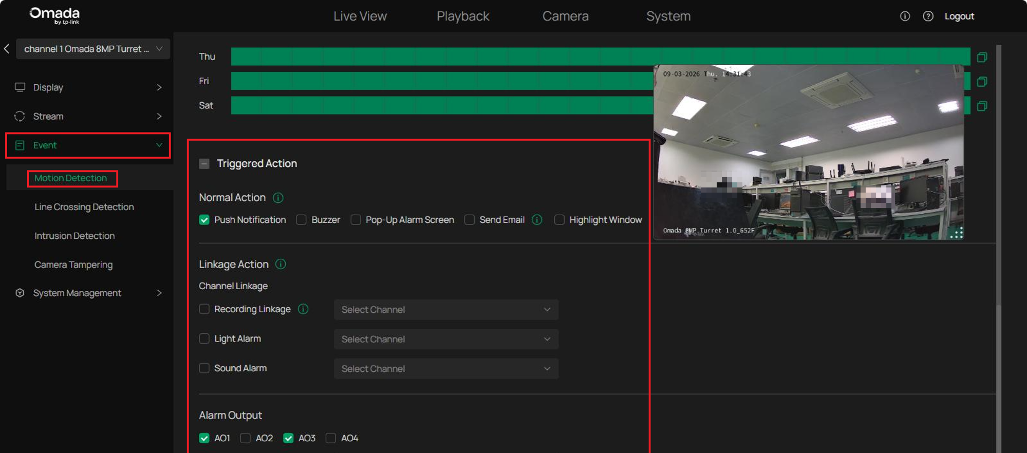 Event’s configuration page showing triggered action, linkage action and alarm output configuration.
