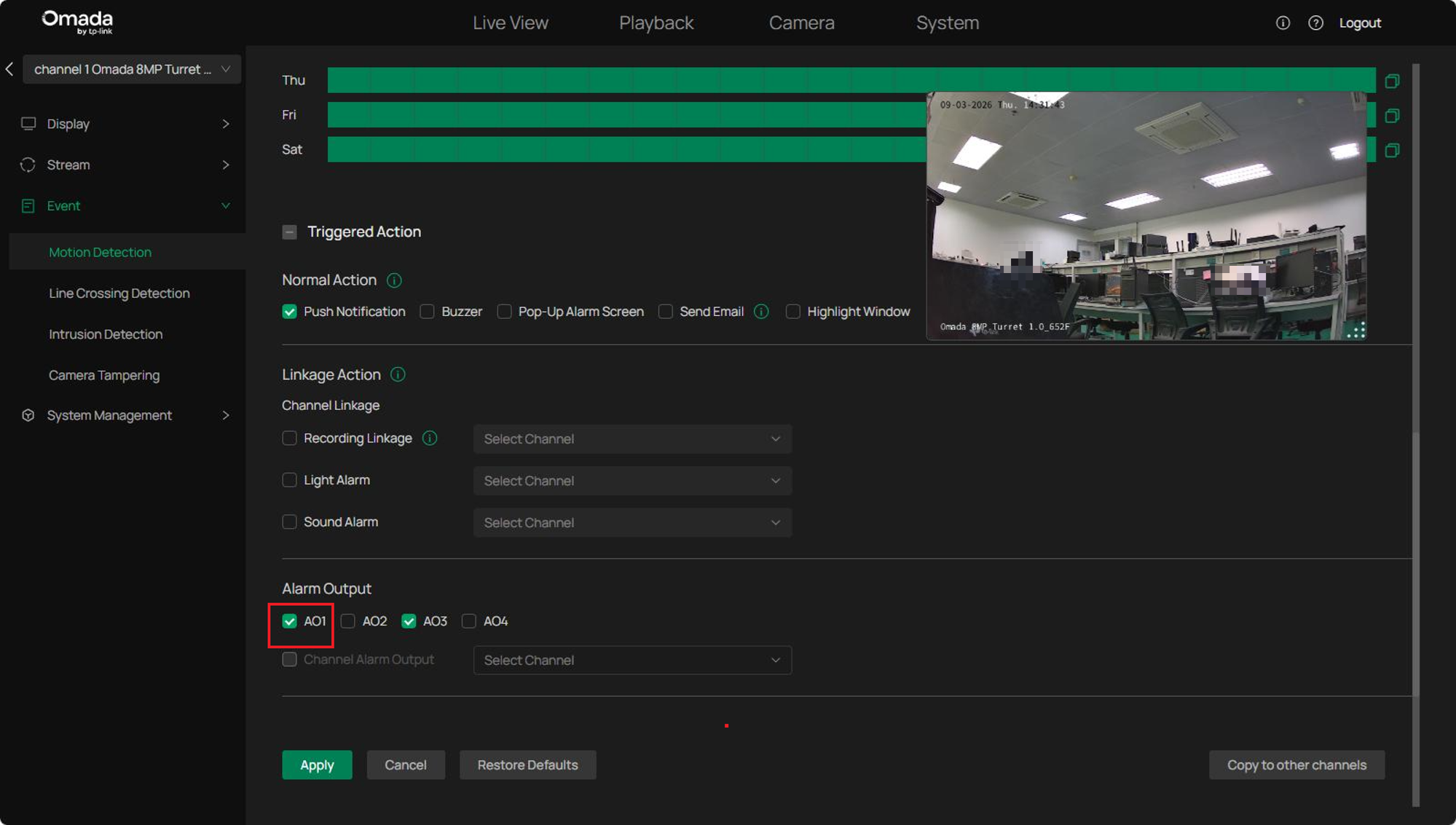 Set the alarm output linkage on the event setting page.