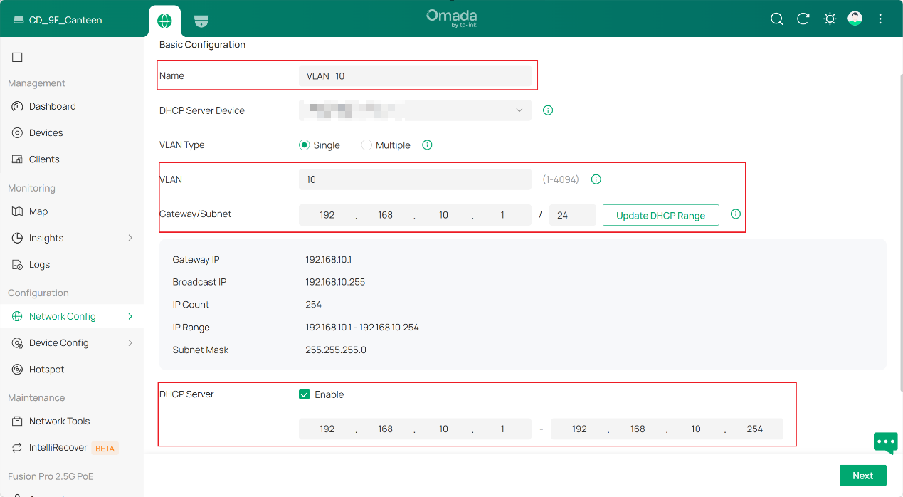 Specify the Name, VLAN ID, as well as Subnet for the new network.