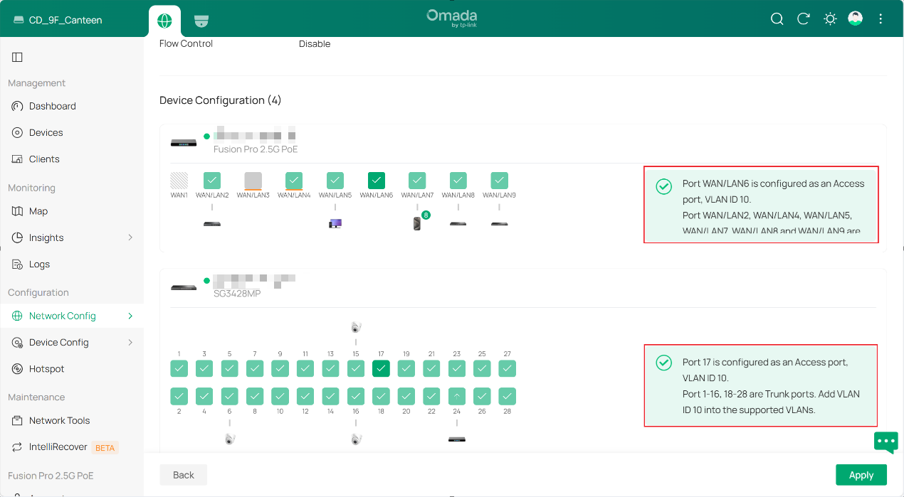 VLAN port assignment on an Omada Fusion Pro Gateway showing access and trunk port settings.