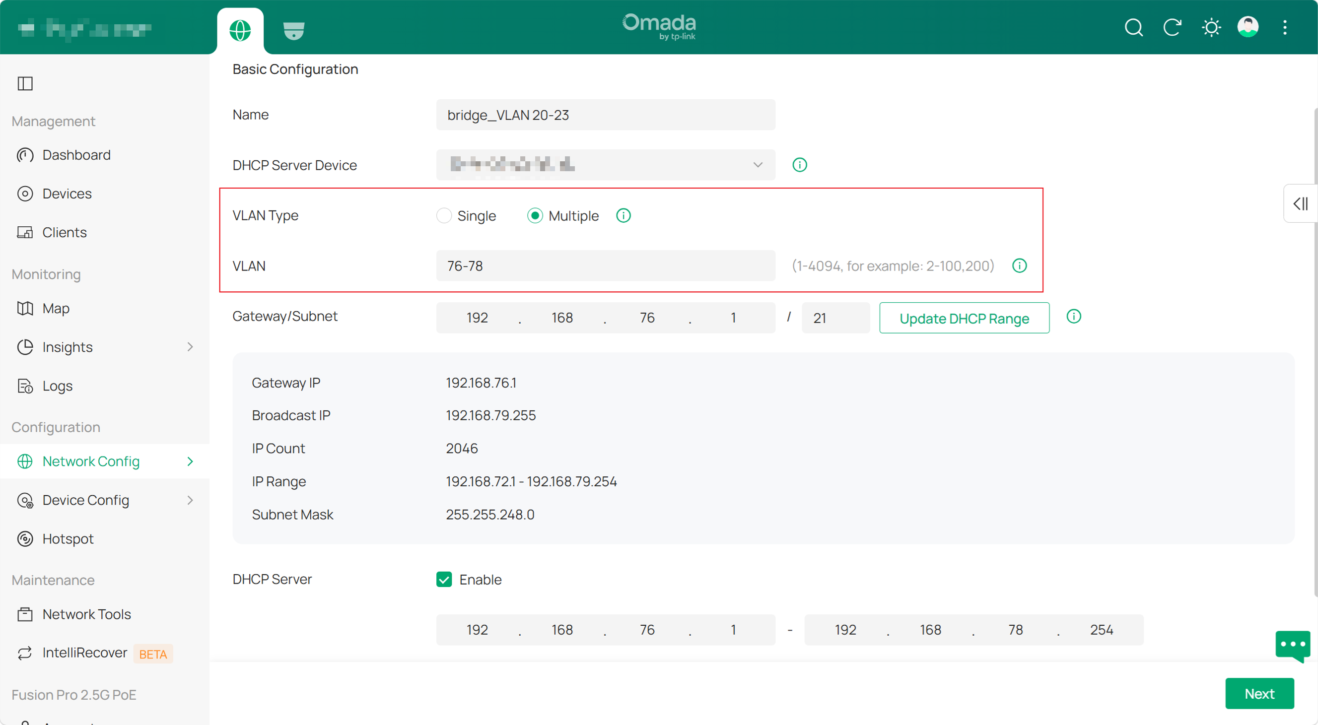Specify the Name, VLAN type and VLAN ID range, as well as Subnet for the new network.