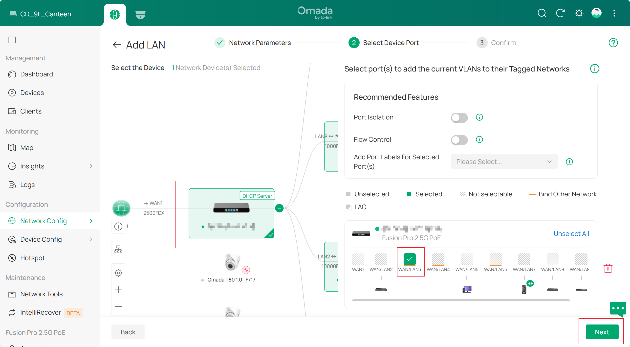Select ports for a VLAN on Omada Fusion Pro Gateways during VLAN configuration.