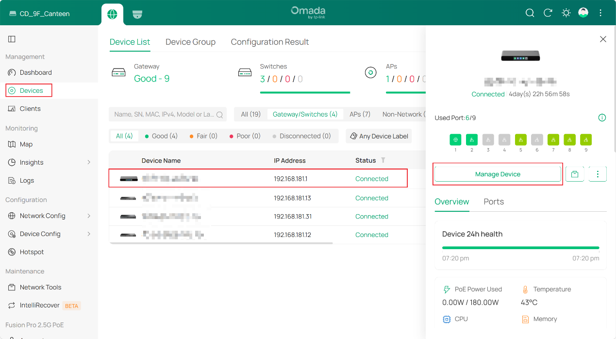 To edit details on ports, click Manage Device after selecting Fusion Pro Gateway.
