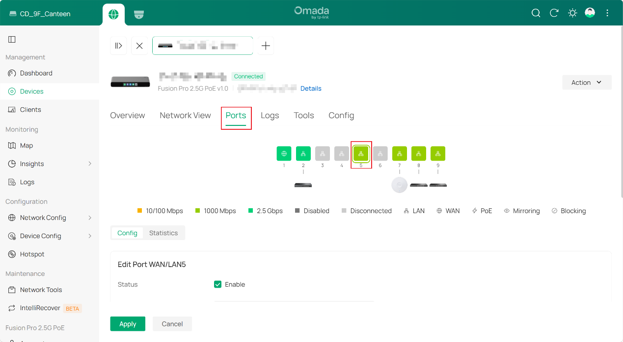 Omada Fusion Pro Gateway device details page with the Ports tab open and Port 5 selected for editing VLAN settings.