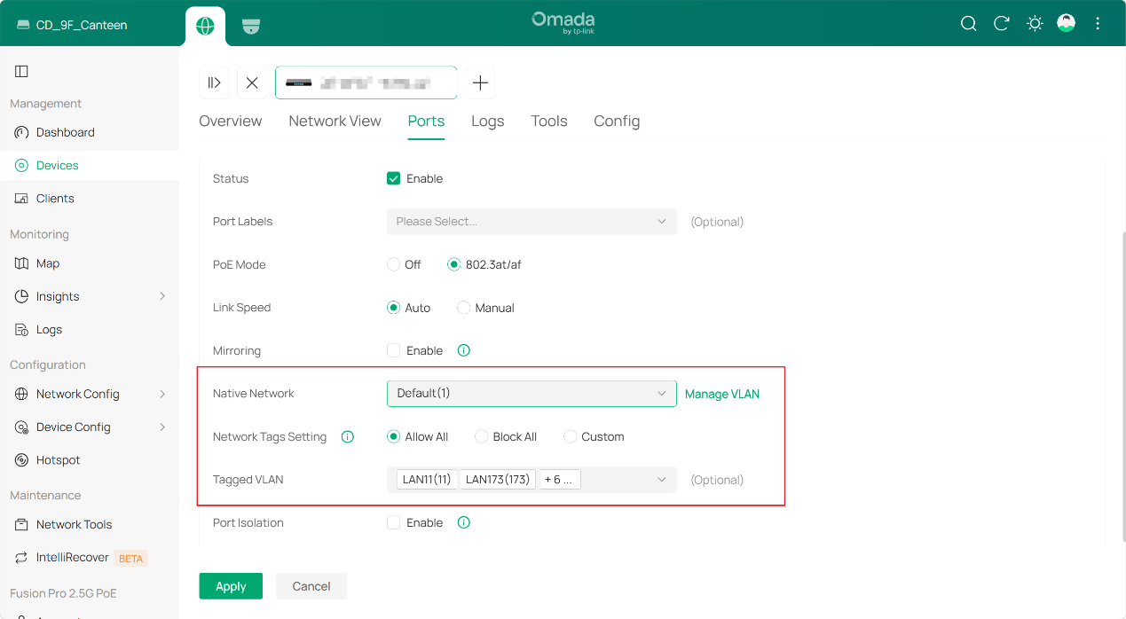 Omada switch port settings showing native network and tagged VLAN configuration for a trunk port.