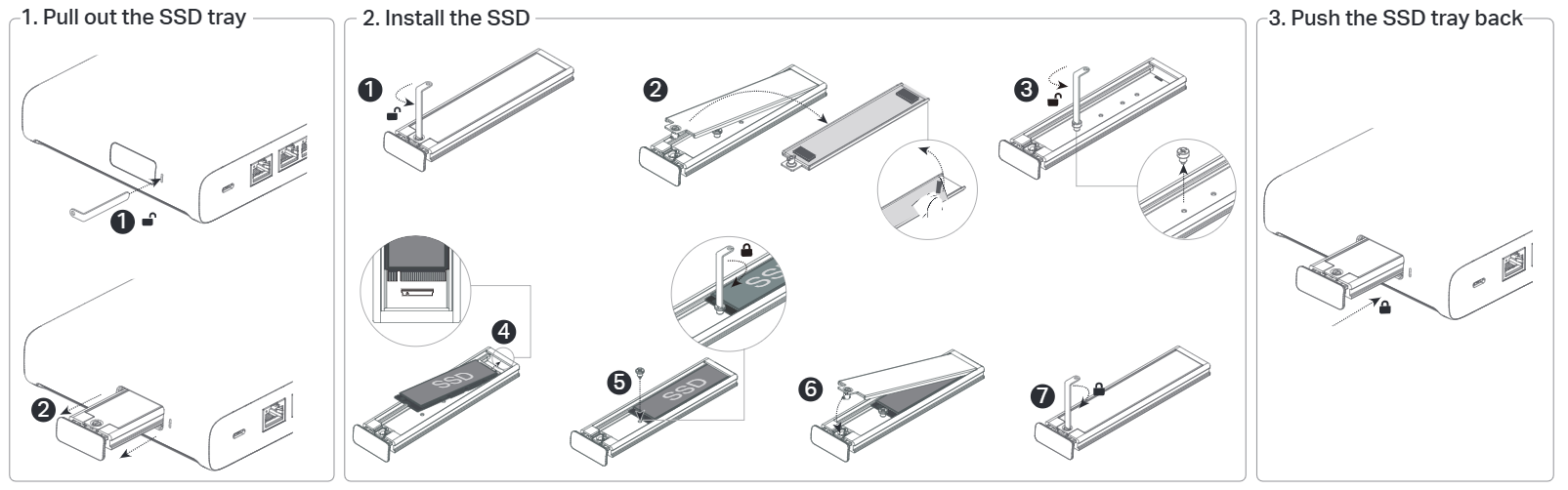 Fusion Pro SSD installation diagram showing how to remove the tray, install the SSD, and reinstall the tray