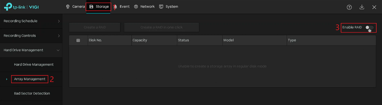 Navigate to Storage > Array Management and enable RAID on the VIGI NVR.