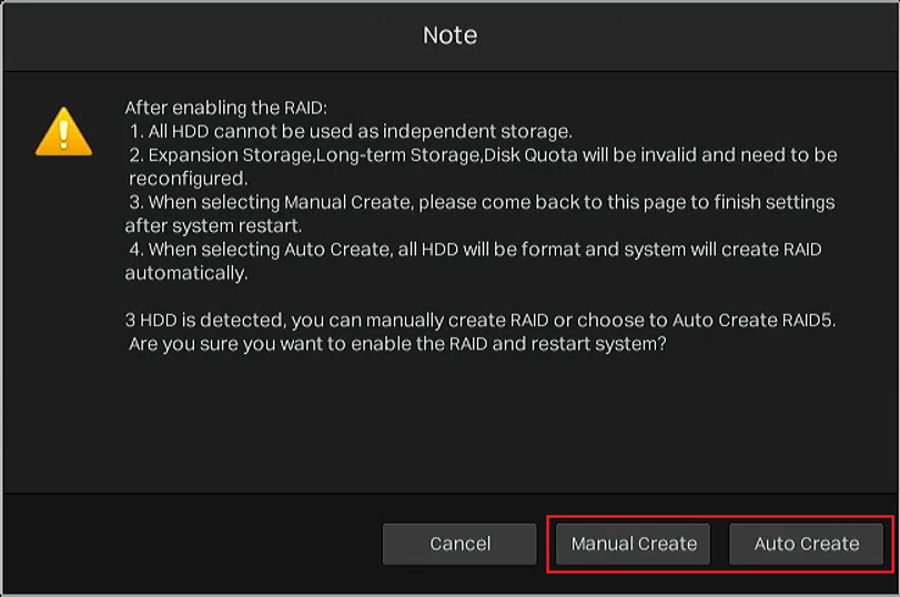 Choose manual or automatic RAID creation after enabling RAID.