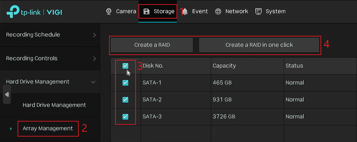 Select disks to create a RAID array.