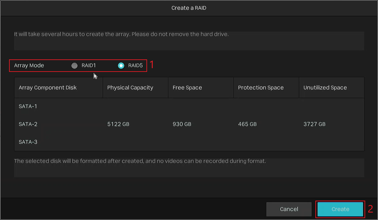 Select the RAID mode and create the array.